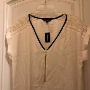 White Lace Shoulder Zipper Front Blouse